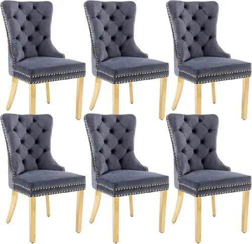 Miniatura 27 de KCC Juego de 2 sillas de comedor tapizadas de terciopelo, modernas sillas capitoné con botones con anillo de cabeza de león y patas de acero Patas