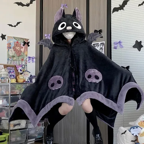 Miniatura 5 de Bonita manta de Halloween con capucha, tamaño libre para adultos, diseño de murciélago diablo, manta de sherpa suave de gran tamaño, con capucha