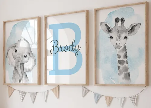Animales de safari personalizados para habitación de bebé, niño, niña, cuarto de bebé, juego de 3 impresiones sin marco, nombre personalizado, gris,