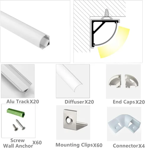 Miniatura 6 de THMOOTHER Paquete de 20 tiras LED en forma de V de 3.3 pies, sistema de difusor de canal de aluminio, cubierta lechosa extruida con conector