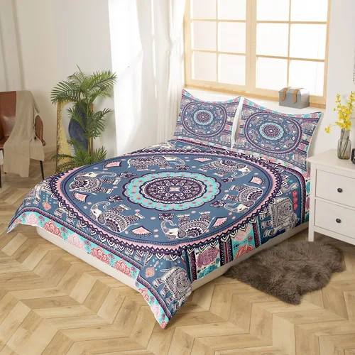 Miniatura 2 de Juego de funda de edredón de elefante bohemio para niños, tamaño individual, juego de ropa de cama de mandala bohemio de 2 piezas para decoración