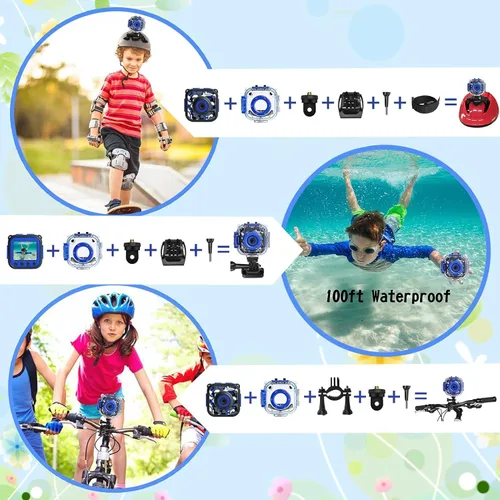 Miniatura 5 de PROGRACE Cámara impermeable para niños, regalos de cumpleaños de Navidad para niñas de 3 a 12 años, cámaras digitales 1080P, juguetes de piscina