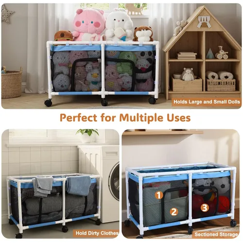 Miniatura 8 de FIOBEE Caja de juguetes para niñas y niños con malla transparente y ruedas giratorias de 360°, cofre organizador de juguetes, fácil instalación