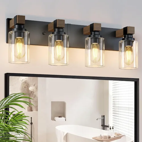 Miniatura 15 de Accesorios de iluminación de baño de granja, luces de tocador rústicas de 3 luces en madera para baño, iluminación de apliques de pared vintage