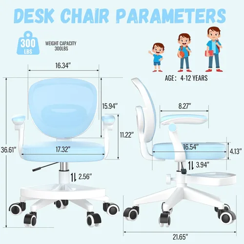 Miniatura 3 de Silla de escritorio ajustable para niños, silla ergonómica para computadora de estudio con reposapiés y reposabrazos abatibles, silla de trabajo