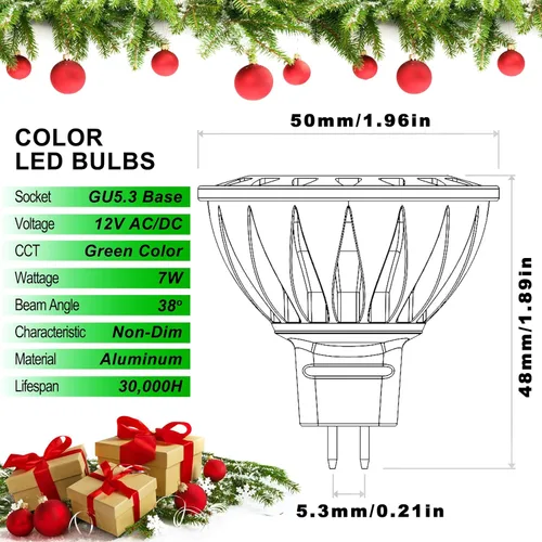 Miniatura 2 de ALIDE Bombillas LED verdes MR16 GU5.3 de 5 W, 20 W, 35 W, 50 W, equivalente a halógeno, 12 V de bajo voltaje MR16, focos LED verdes para paisajes al