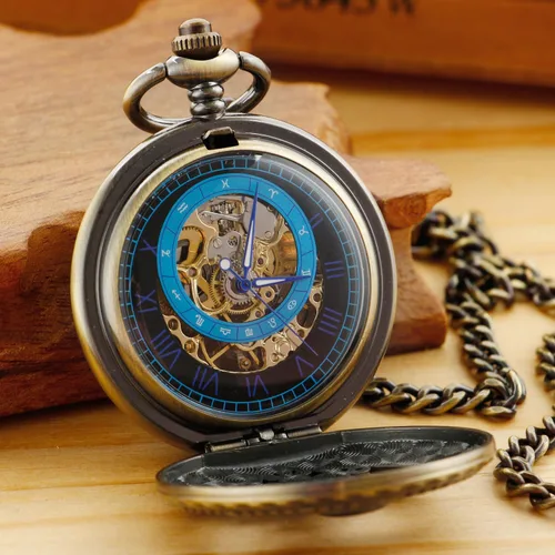 Miniatura 4 de Reloj de bolsillo mecánico vintage para hombre, reloj de bolsillo de viento de mano con esfera romana para hombre con cadena FOB regalo