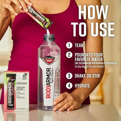 Miniatura 3 de BODYARMOR Flash IV - Paquetes de electrolitos, fresa y kiwi, mezcla de bebida sin azúcar, paquetes de una sola porción, agua de coco en polvo