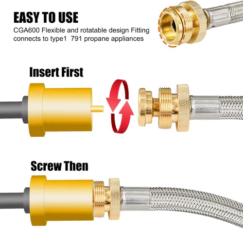 Miniatura 5 de Uniflasy Adaptador de manguera de propano de 1 libra a 20 libras, tanque de propano trenzado de acero inoxidable duradero que conecta la manguera