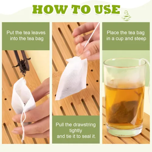 Miniatura 4 de WALWAL 100 bolsas de té desechables para té de hojas sueltas, bolsas de filtro de té biodegradables con cordón, bolsas infusoras de té de fibra