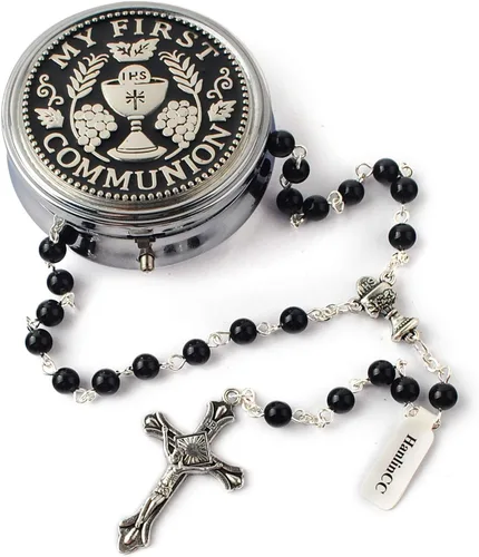 Miniatura 2 de HanlinCC - Rosario para primera comunión de 6 mm con centro de cáliz, perlas de cristal y crucifijo chapado en plata para niña, en caja de regalo