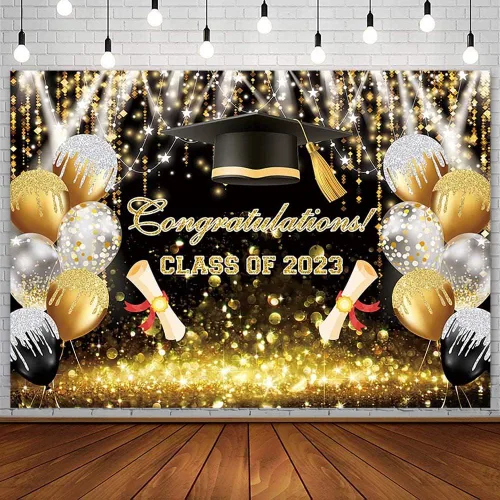 AIBIIN Fondo de globo Bokeh con purpurina de 7 x 5 pies para la clase de 2023, color negro y dorado con purpurina Bokeh, felicitaciones por fiesta