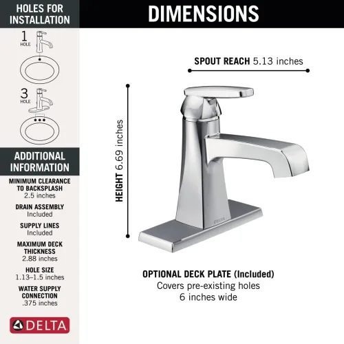 Miniatura 3 de Delta Faucet Grifo Ashlyn de Baño de Un Solo Orificio, Grifo de Baño de Una Sola Manija Cromado, Grifo de Lavabo de Baño, Diamond Seal Technology