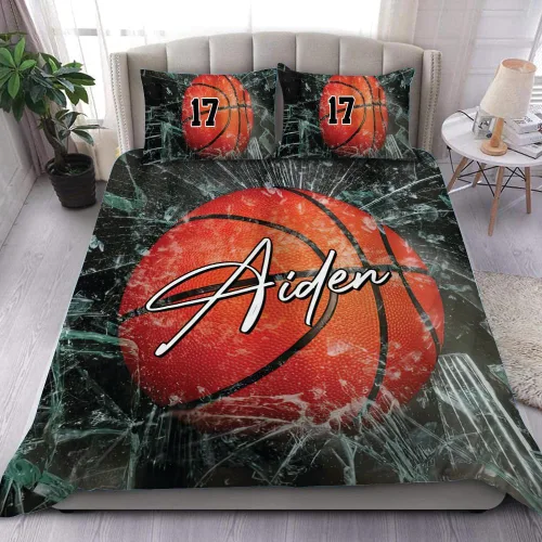 Miniatura 18 de Juego de ropa de cama personalizado de baloncesto tamaño individual, edredón deportivo personalizado con nombre y número para habitación de niños
