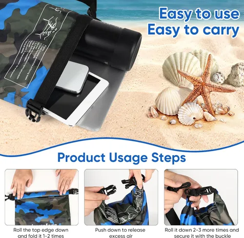 Miniatura 6 de Bolsa seca impermeable de 5L/10L/15L/20L/30L Mochila de almacenamiento en seco con funda para teléfono, botella de agua plegable, gafas de sol, Azul