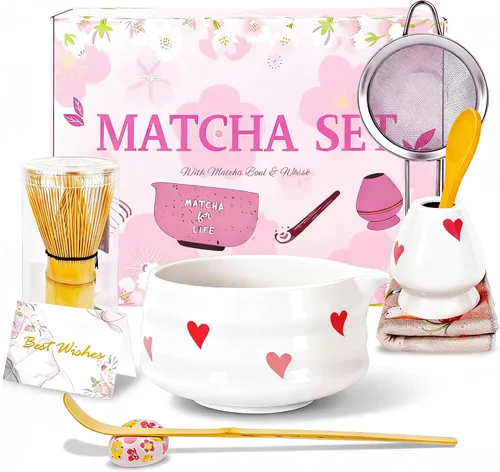 Miniatura 8 de Juego de batidor de matcha rosa con cuenco matcha, 8 piezas lindo juego de matcha, kit completo de fabricación de matcha, soporte para batidor