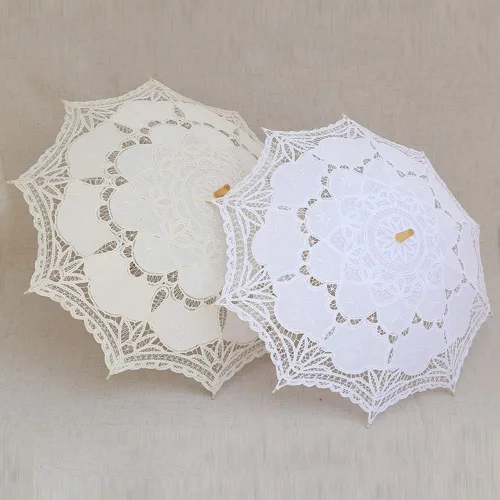 Miniatura 6 de Sombrilla de encaje para boda de algodón blanco con mango de madera para decoración