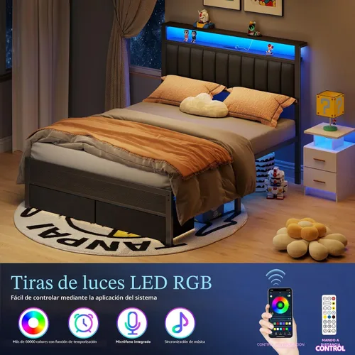 Miniatura 8 de Furnulem Base de cama Queen con estación de carga y luces LED, cabecera tapizada gris con estantes, cama de plataforma de metal con 2 almacenamiento