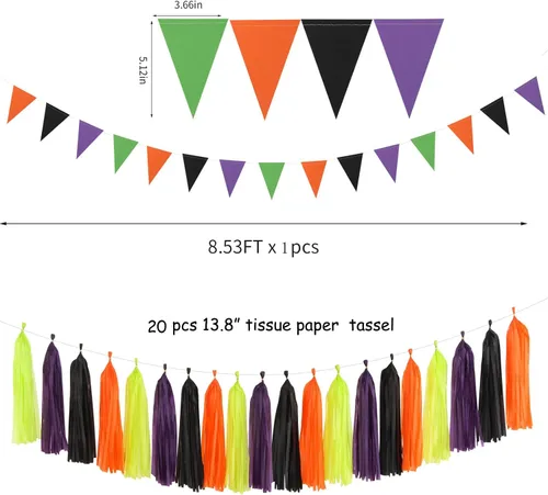 Miniatura 3 de Decoraciones de Fiesta de Halloween Negro-Morado Naranja Verde - 30 piezas Pompones de Papel Tissue, Serpentinas, Guirnalda de Borlas, Pancarta