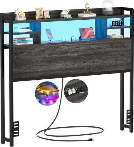 Miniatura 11 de Aheaplus Cabecero para cama de tamaño individual con almacenamiento, cabeceros con luz LED, tomas de corriente, puertos USB, tamaño individual