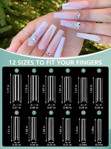 Miniatura 5 de 480 puntas de uñas transparentes XL largas, 240 puntas de uñas de ataúd con 240 puntas de uñas cuadradas sin curva C para uñas acrílicas