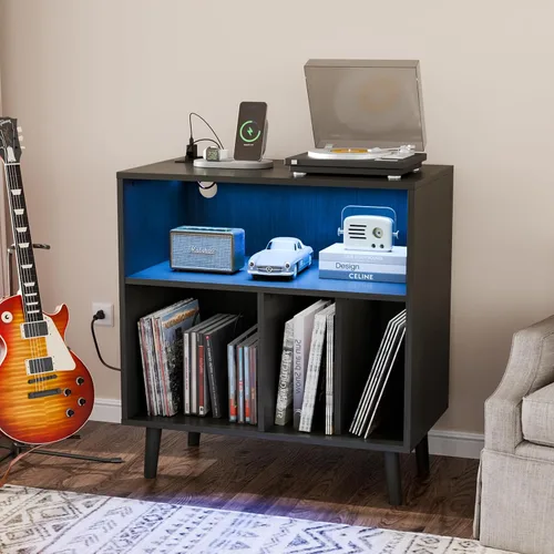 VINGLI Soporte para tocadiscos con almacenamiento de vinilo abierto, mesa de almacenamiento de álbumes de mediados de siglo con luz LED de hasta 300