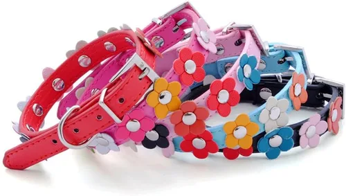 Miniatura 7 de Collares negros de lujo para perros medianos, bonitos collares de piel sintética con flores coloridas y coloridas para cachorros, para perros