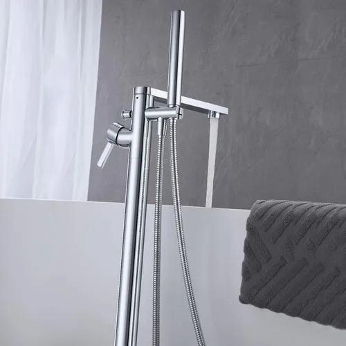 Miniatura 5 de Wowkk Grifo de bañera independiente Llenador de bañera Cromo Montaje en el suelo Latón de una sola manija Grifos de baño con ducha de mano Cromado