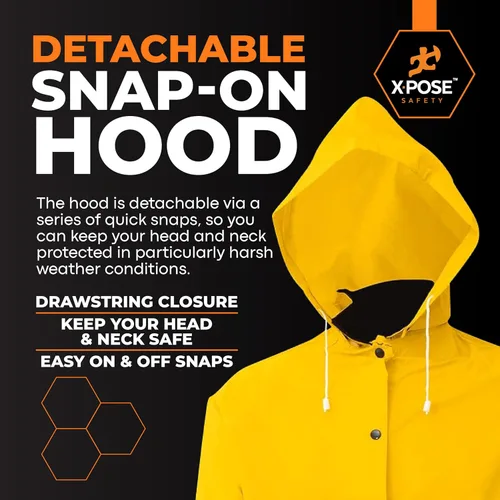Miniatura 5 de Xpose Safety Chaqueta impermeable amarilla resistente de 0.014 in PVC 48in con capucha desmontable, impermeable, pesca