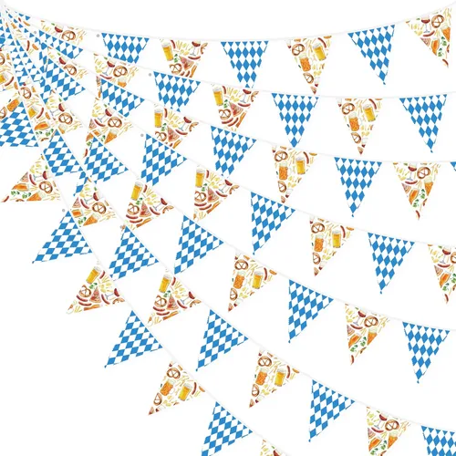 Miniatura 27 de Banderín blanco a cuadros amarillos de 32 pies con banderines de tela a cuadros de tela a cuadros triangulares para picnic, barbacoa, abeja