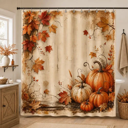 Miniatura 13 de Autumn Pumpkin Shower Curtain, Fall Farmhouse Bathroom Curtain, Thanksgiving Harvest Sunflower Maple Leaves Country Road Waterproof Polyester Fabric