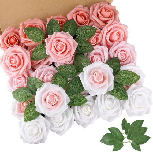 Miniatura 17 de AmyHomie 25 rosas artificiales beige de aspecto real con tallo para ramos de boda, centros de mesa, arreglos de fiesta, baby shower, día de San