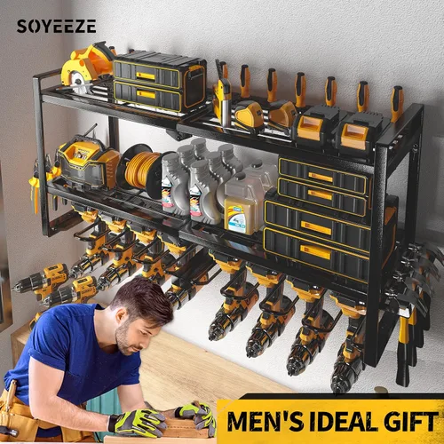 Miniatura 4 de SOYEEZE Organizador de herramientas eléctricas, soporte de pared para 8 taladros y destornilladores, estante de almacenamiento de 3 capas