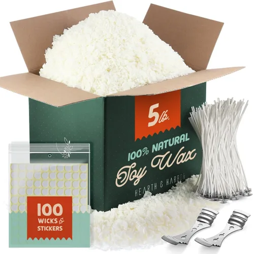 Hearth & Harbor - Cera de soja para hacer velas, cera de soja natural para hacer velas, bolsa de 5 libras con suministros, 100 mechas de vela de