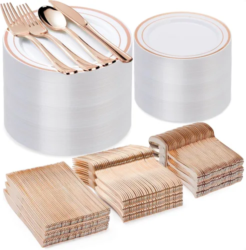 Miniatura 11 de BESTVIP Juego de 600 platos de plástico dorado transparente (para 100 invitados), platos de plástico para fiesta, boda, cumpleaños, juego de vajilla