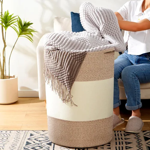 Miniatura 3 de Cesta de lavandería tejida jumbo de 90 litros, cesta de lavandería extragrande de 17 x 17 x 24 pulgadas para almacenamiento de mantas, canasta alta