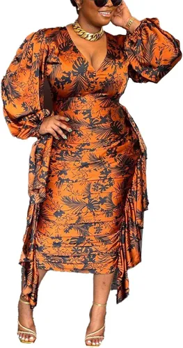 Molisry Vestido africano para mujer, de manga larga, estampado floral, entallado, fruncido, maxi vestido vintage, talla grande