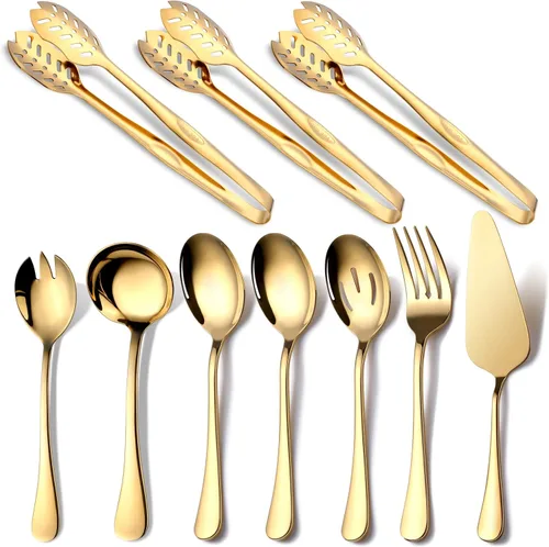 Miniatura 11 de Utensilios de Servicio Dorados, OGORI Juego de 8 Piezas de Cubiertos de Acero Inoxidable Pulido Incluye Cuchara de Servir, Cuchara Ranurada, Oro 8