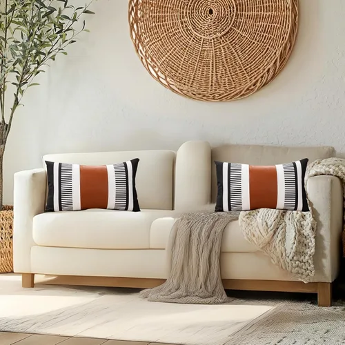 Miniatura 3 de Fundas de Almohadas Decorativas Estilo Granja - Fundas de Almohadas Decorativas de Cuero para Sofá de Sala de Estar con Rayas Tribales Funda