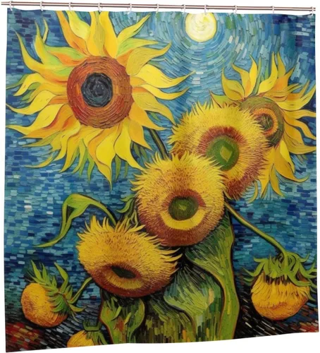 Miniatura 7 de Juego de cortina de ducha de girasol para baño, pintura al óleo, hojas verdes, flores, bohemio, tela amarilla abstracta, moderna, impermeable