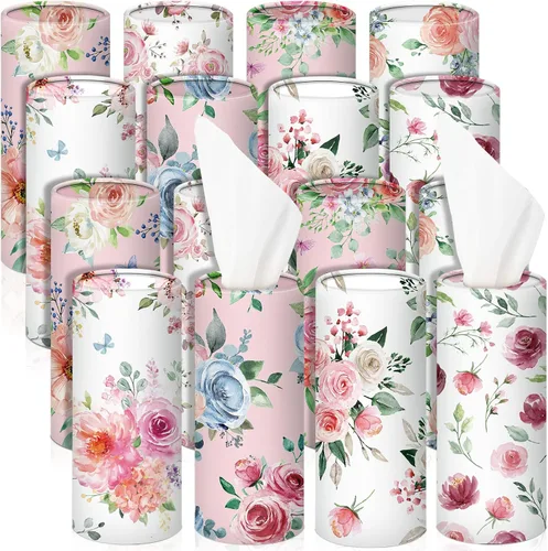 Ctosree 16 piezas de soporte de pañuelos de coche cilindro a granel redondo floral portavasos pañuelos faciales para recambio de viaje caja de