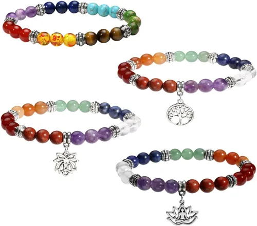 Miniatura 8 de Eigso Pulsera elástica de piedra de cristal de meditación curativa de 7 chakras para mujer con símbolo de loto, yoga, árbol, OM
