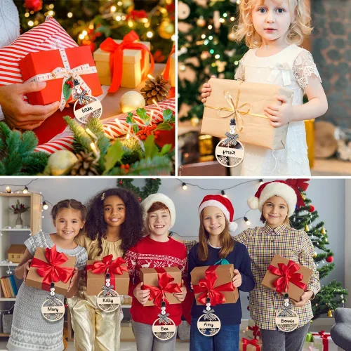 Miniatura 5 de Vellibring 18 piezas etiquetas de nombre de Navidad con cuentas de madera de copo de nieve y muñeco de nieve, lazos a cuadros de búfalo etiquetas