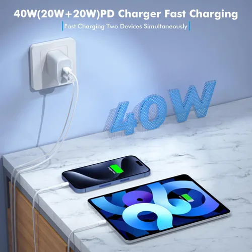 Miniatura 2 de Cargador de carga rápida para iPhone 17, cargador de pared USB C de doble puerto de 40 W, bloque de carga rápida con cable de carga USB C a C de 6