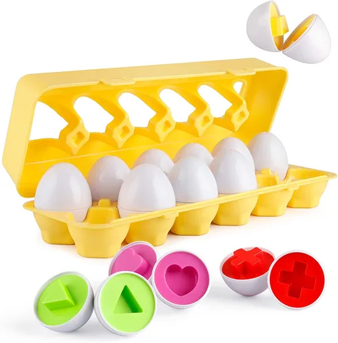Coogam Juego de huevos a juego, 12 piezas, rompecabezas clasificador de reconocimiento de color y forma para niños pequeños, juego de viaje de