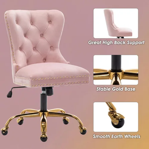 Miniatura 6 de Silla de escritorio de terciopelo para oficina en casa con ruedas y base dorada, cómoda silla de maquillaje copetuda para mujeres y niñas, silla