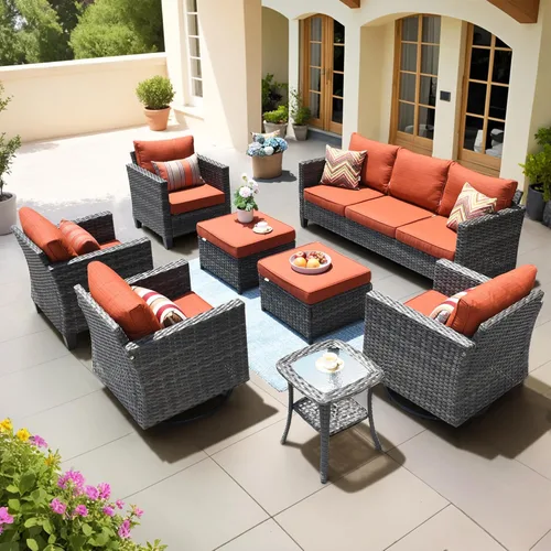 Miniatura 29 de ovios Juego de muebles de patio de 8 piezas, sofá de mimbre para exteriores con sillas giratorias, mecedora con cojines cómodos, juego de Beige