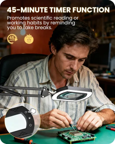 Miniatura 8 de Lupa redonda de 10 veces con luz y soporte, lámpara de escritorio con luz LED 2 en 1 y abrazadera, 5 modos de color regulable continuo, lámpara
