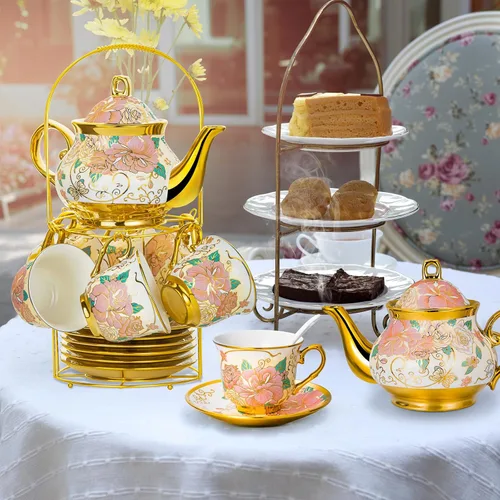 Miniatura 5 de Juego de té de cerámica europea de 20 piezas para adultos con soporte de metal y pintura de flores (versión crema grande)