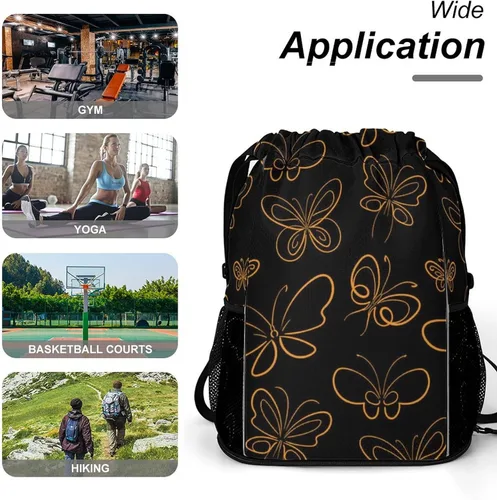 Miniatura 6 de MZERSE Women Fashion Drawstring Backpack Gym Bags with Zipper Pockets, Multifunction Drawstring Bag Compatible with Butterfly Set Pattern Gold On